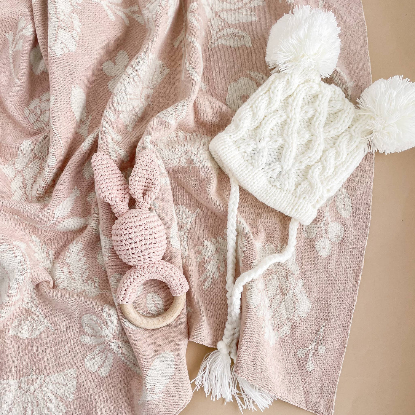 Floral Baby Gift Set Cotton Blanket, Rattle Teether Summer