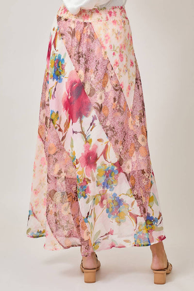 Boho Patchwork Mixed Print Maxi Skirt - Rose Print