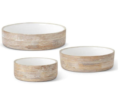 Ribbed Whitewashed Mango Wood Bowls w/ White Enamel Centers