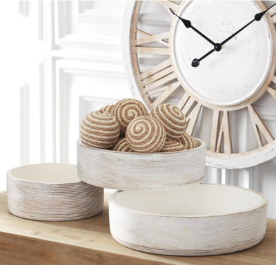 Ribbed Whitewashed Mango Wood Bowls w/ White Enamel Centers