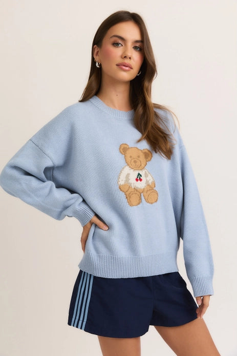 Long Sleeve Crew Neck with Teddy Bear - Light Blue