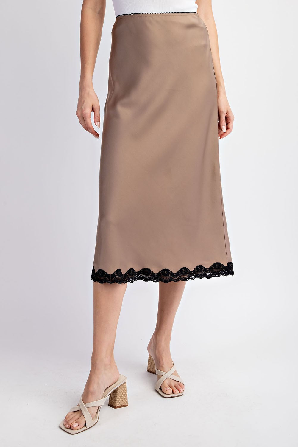 Moonlight Lace Trim Satin Midi Skirt