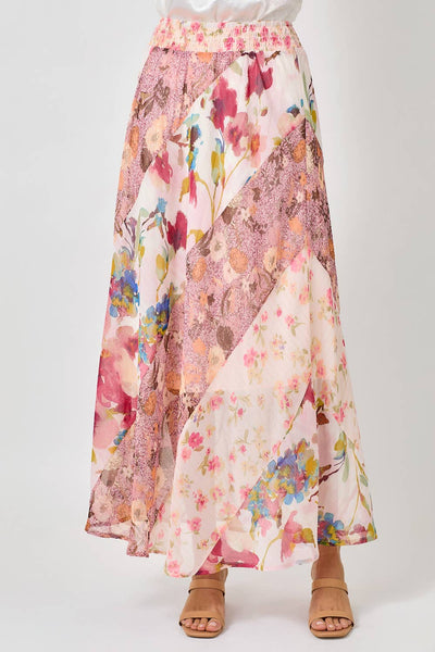 Boho Patchwork Mixed Print Maxi Skirt - Rose Print