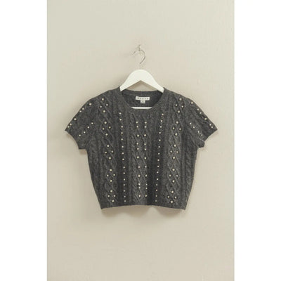 Rhinestone Studded Sweater Top in Charcoal