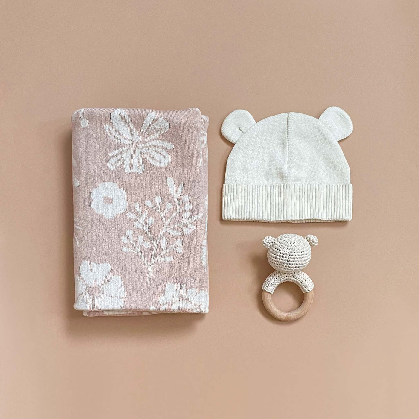 Floral Baby Gift Set Cotton Blanket, Rattle Teether Summer