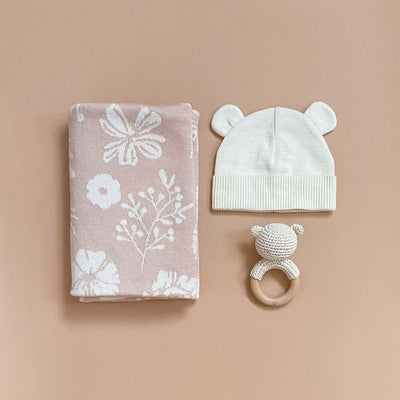 Floral Baby Gift Set Cotton Blanket, Rattle Teether Summer