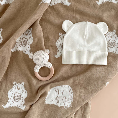 Honey Bear Baby Gift Set Blanket Hat and Teether Summer