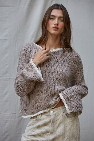 Knit Sweater Pullover Top With Contrast Hems Detail