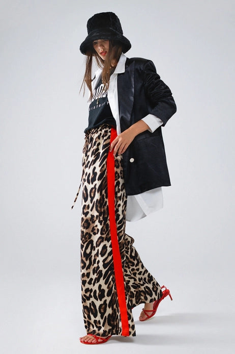 Leopard Straight Pants w/ Red Stripes Down the Side