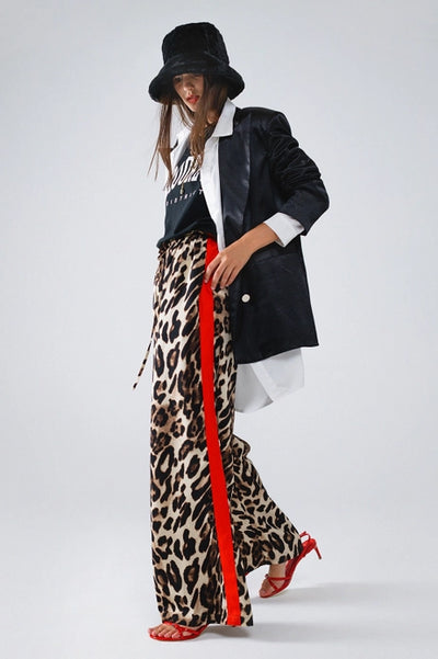 Leopard Straight Pants w/ Red Stripes Down the Side