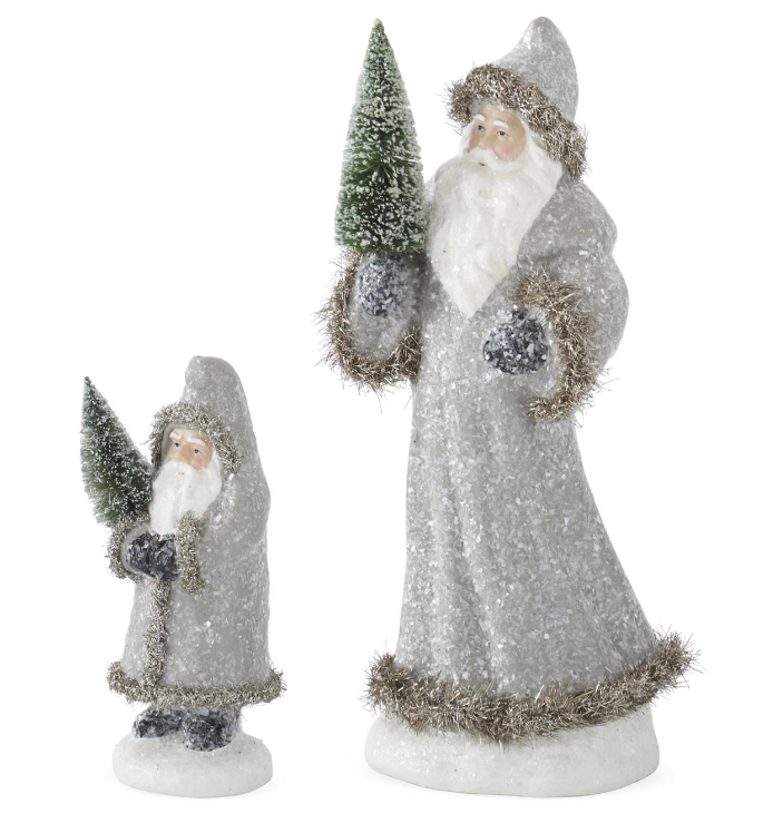 Snowy Gray Coat Santas Holding Bottle Brush Trees
