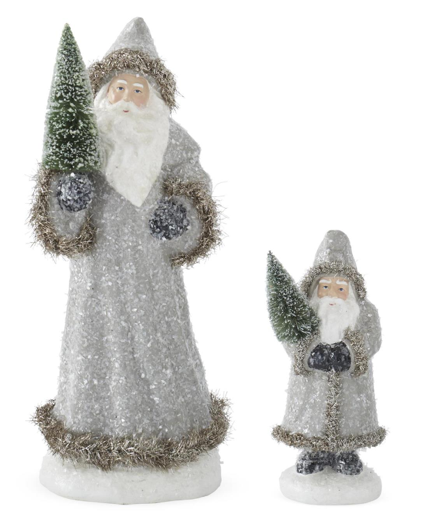 Snowy Gray Coat Santas Holding Bottle Brush Trees