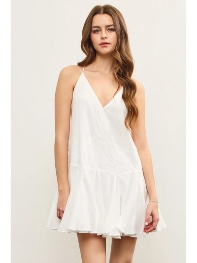 Eyelet Lace V Neck Open Pleats Hem Cami Dress