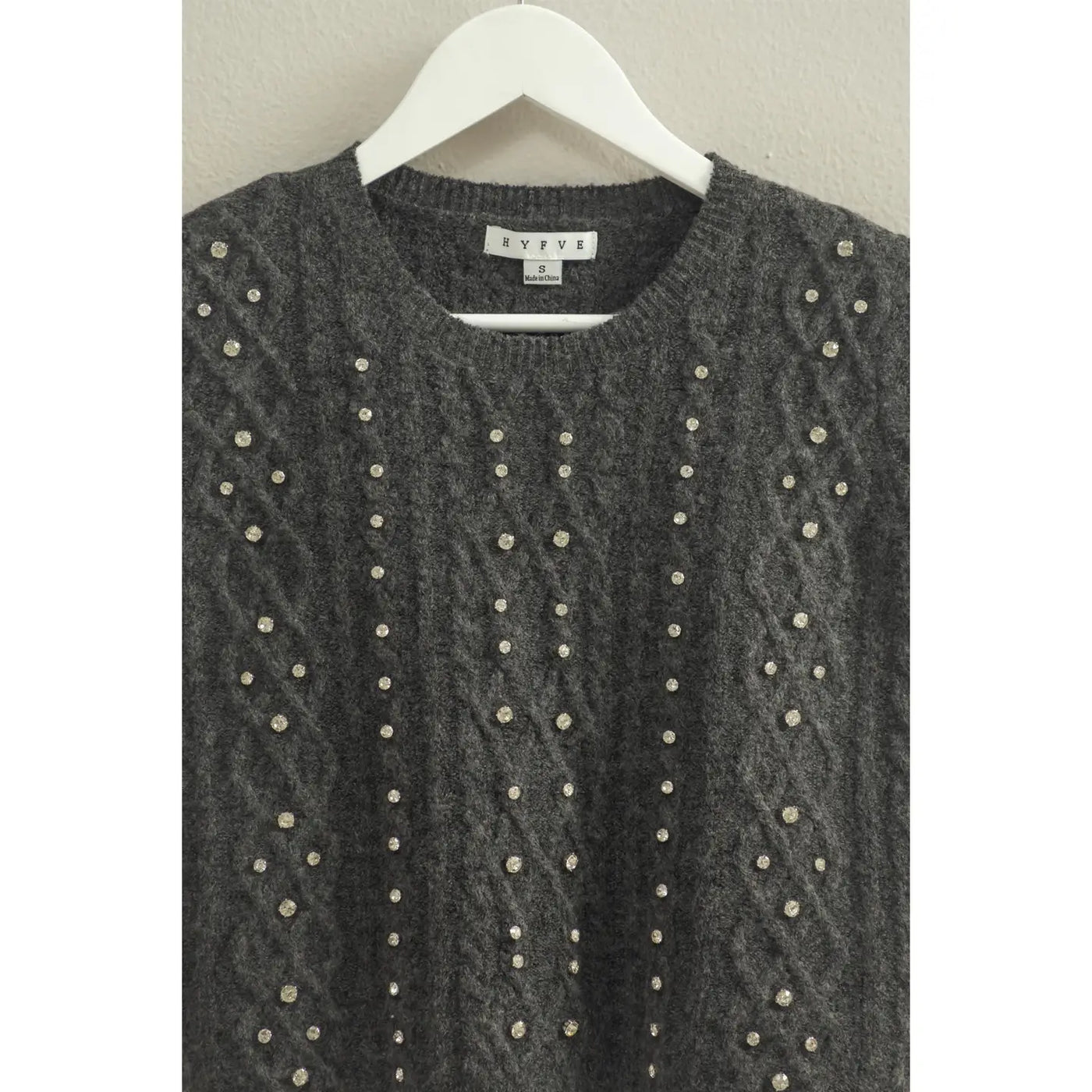 Rhinestone Studded Sweater Top in Charcoal
