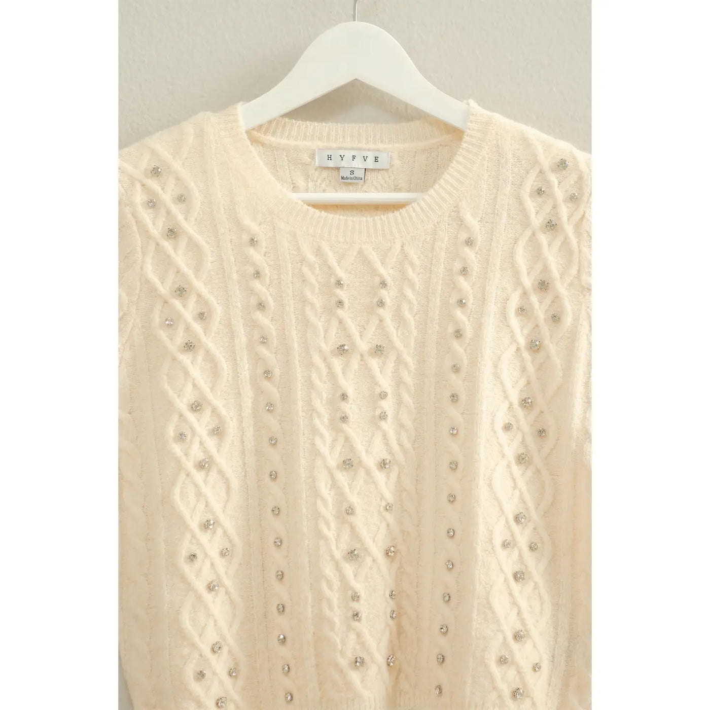 Rhinestone Studded Sweater Top in Ivory