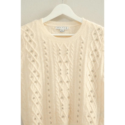 Rhinestone Studded Sweater Top in Ivory