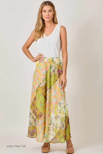 Boho Patchwork Mixed Print Maxi Skirt - Citron Mix