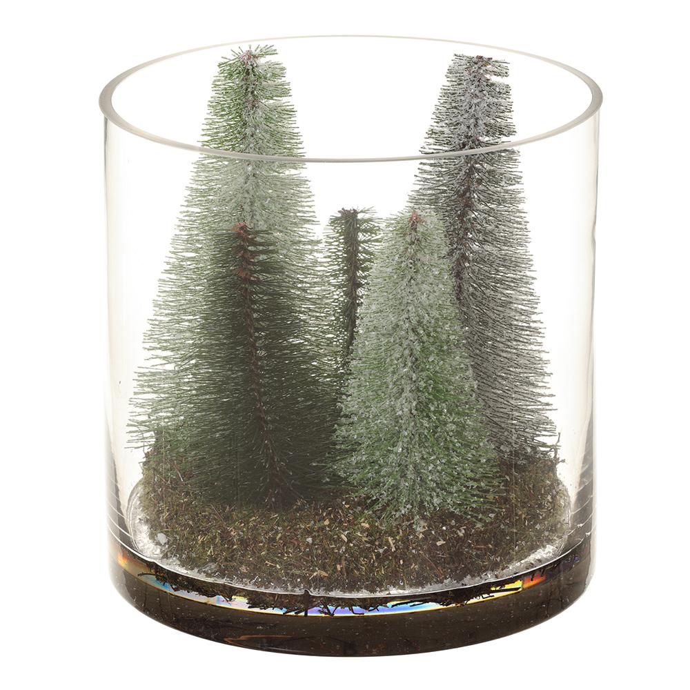 8" Snowed Bottlebrushed Pine Tree in Glass Vase Green