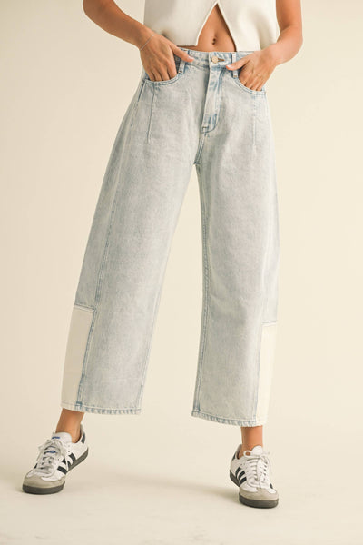 Contrast Panel Barrel Denim Pants