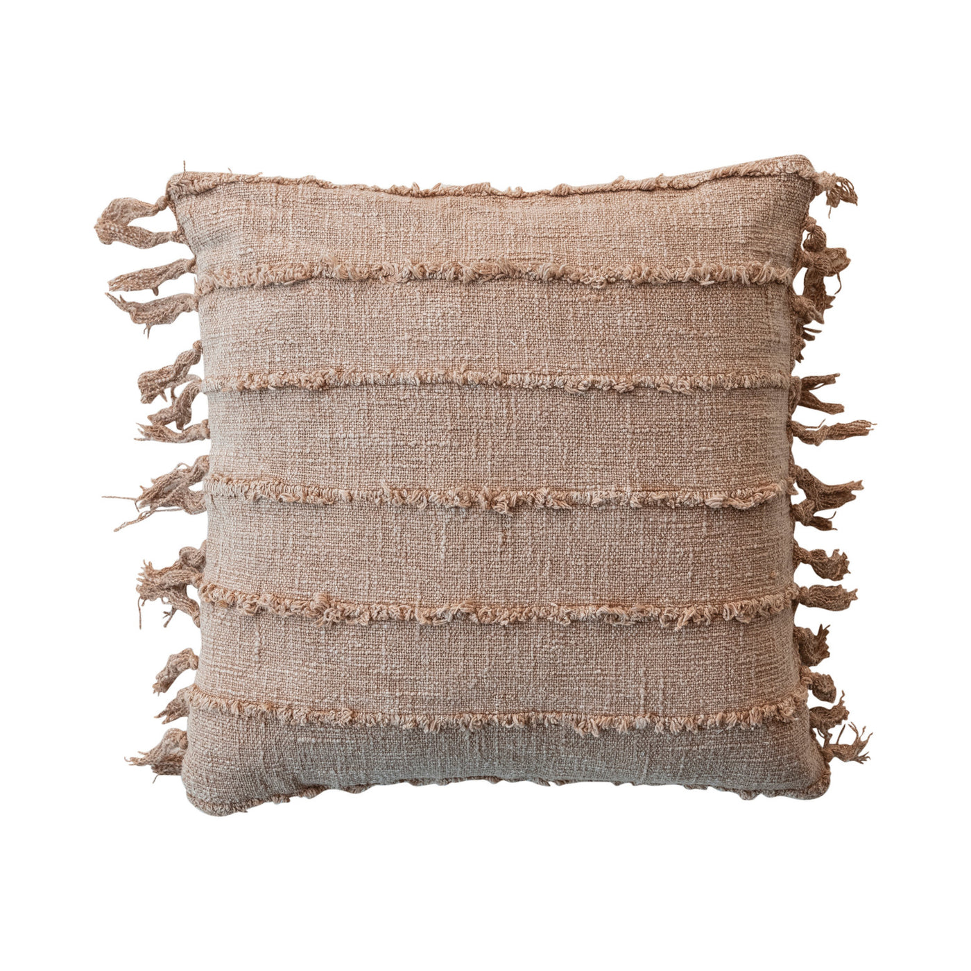 Stonewashed Woven Cotton Slub Pillow w/ Tufted Stripes, Fringe & Chambray Back