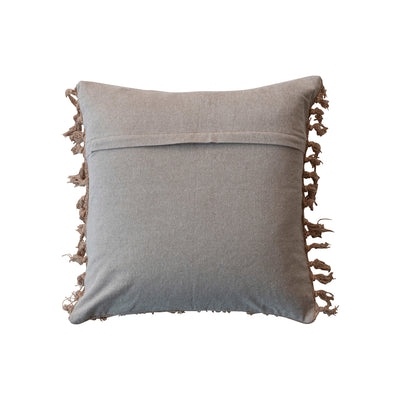 Stonewashed Woven Cotton Slub Pillow w/ Tufted Stripes, Fringe & Chambray Back
