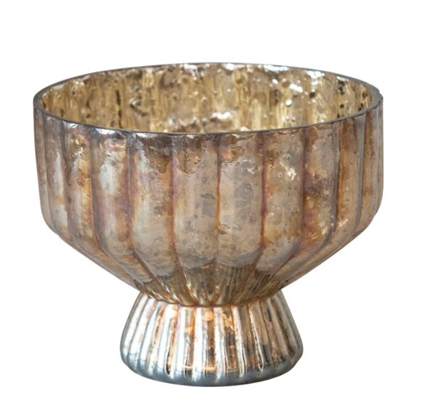 Recycled Mercury Glass Pleated Footed Candle Holder, Antique Silver Finish