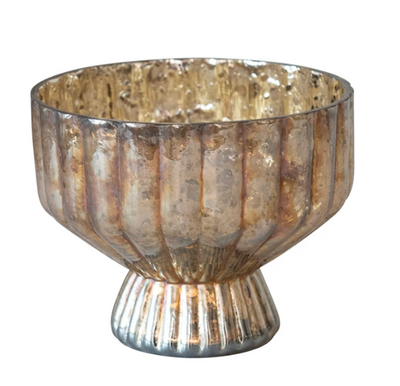 Recycled Mercury Glass Pleated Footed Candle Holder, Antique Silver Finish