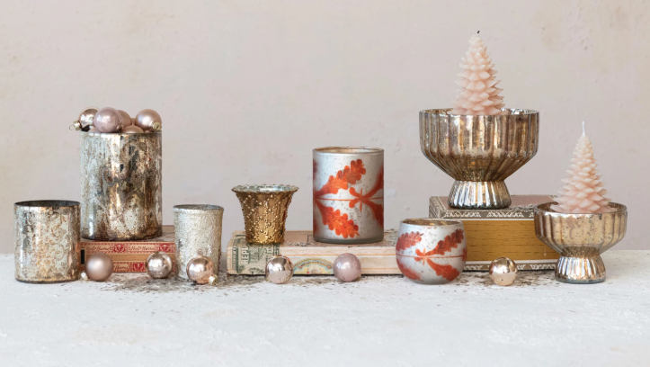 Recycled Mercury Glass Pleated Footed Candle Holder, Antique Silver Finish