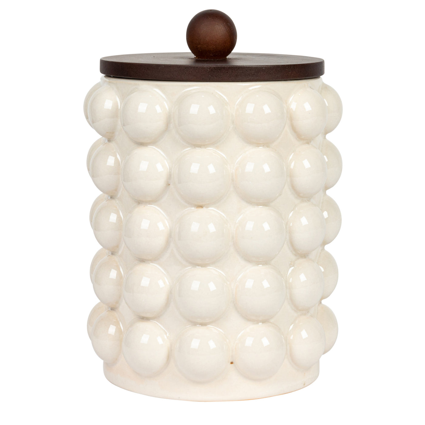 5-3/4" Round x 8-1/4"H Stoneware Canister w/ Raised Dots & Acacia Wood Lid, White & Natural