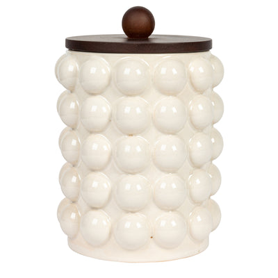5-3/4" Round x 8-1/4"H Stoneware Canister w/ Raised Dots & Acacia Wood Lid, White & Natural