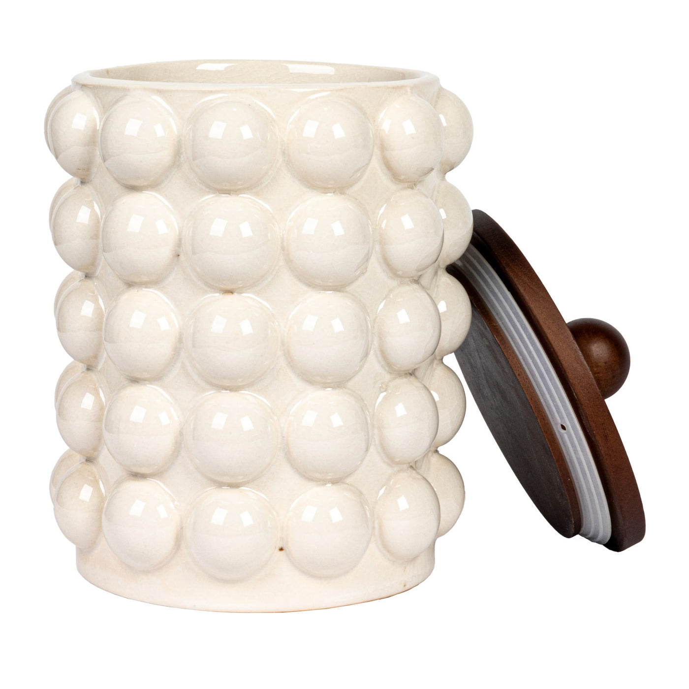 5-3/4" Round x 8-1/4"H Stoneware Canister w/ Raised Dots & Acacia Wood Lid, White & Natural
