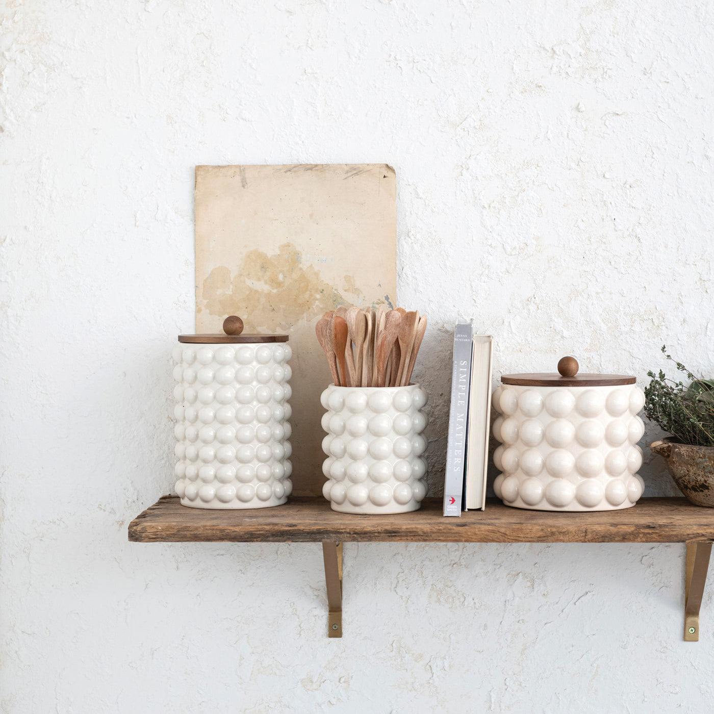 6-3/4" Round x 10-1/4"H Stoneware Canister w/ Raised Dots & Acacia Wood Lid, White & Natural