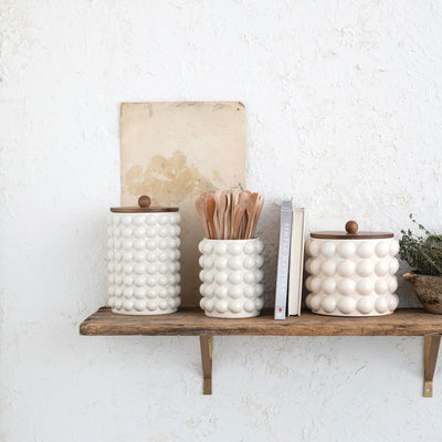 6-3/4" Round x 10-1/4"H Stoneware Canister w/ Raised Dots & Acacia Wood Lid, White & Natural