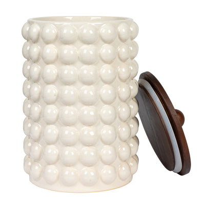 6-3/4" Round x 10-1/4"H Stoneware Canister w/ Raised Dots & Acacia Wood Lid, White & Natural