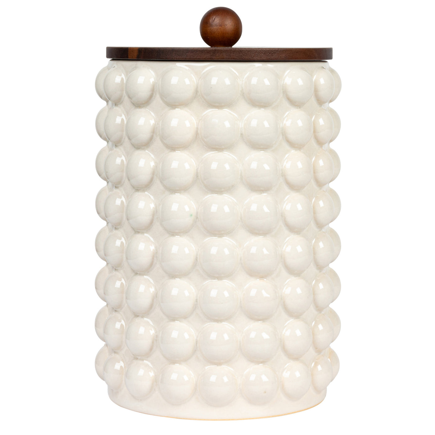 6-3/4" Round x 10-1/4"H Stoneware Canister w/ Raised Dots & Acacia Wood Lid, White & Natural