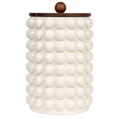 6-3/4" Round x 10-1/4"H Stoneware Canister w/ Raised Dots & Acacia Wood Lid, White & Natural