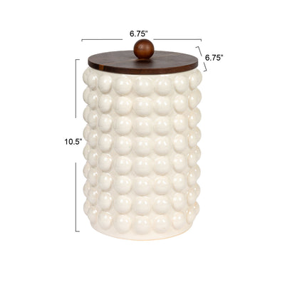 6-3/4" Round x 10-1/4"H Stoneware Canister w/ Raised Dots & Acacia Wood Lid, White & Natural
