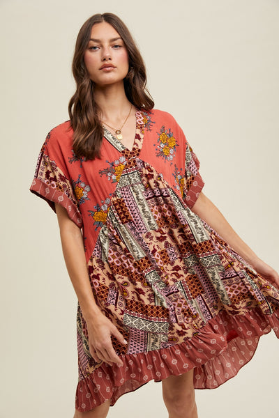 Floral Fields Dress in Brick