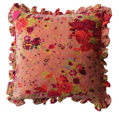20" Square Cotton Velvet Printed Pillow w/ Floral Pattern