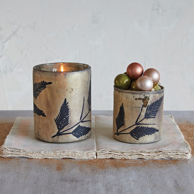 4" Round x 4"H Mercury Glass Candle w/ Flocked Leaves