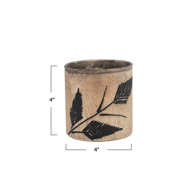 4" Round x 4"H Mercury Glass Candle w/ Flocked Leaves