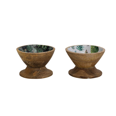 4" Round x 2-1/2"H Enameled Mango Wood Footed Bowl, Evergreens & Pine Boughs