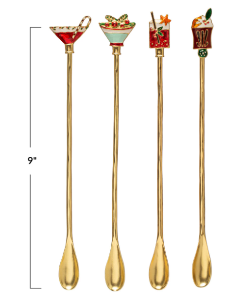 9"L Zinc Alloy Cocktail Spoon w/ Enameled Beverage Icon Handle, Multi Color, 4 Styles