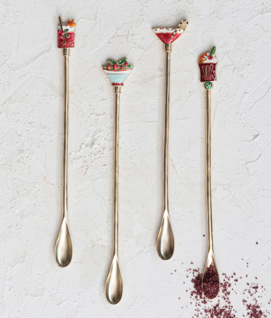 9"L Zinc Alloy Cocktail Spoon w/ Enameled Beverage Icon Handle, Multi Color, 4 Styles
