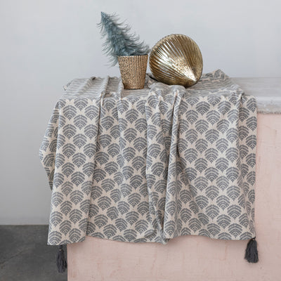 Cotton Printed Tablecloth w/ Leaf Pattern & Tassels