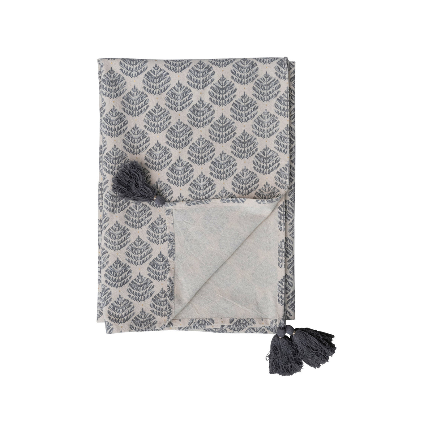 Cotton Printed Tablecloth w/ Leaf Pattern & Tassels
