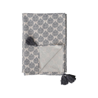 Cotton Printed Tablecloth w/ Leaf Pattern & Tassels