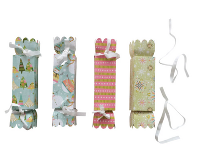 Printed Recycled Paper Candy Shaped Gift Box w/ Holiday Pattern & Ribbon Ties