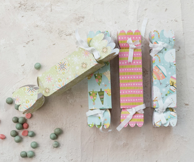 Printed Recycled Paper Candy Shaped Gift Box w/ Holiday Pattern & Ribbon Ties