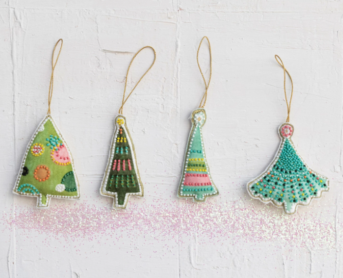 Cotton Velvet Christmas Tree Ornament w/ Embroidery & Glass Beads, 4 Styles